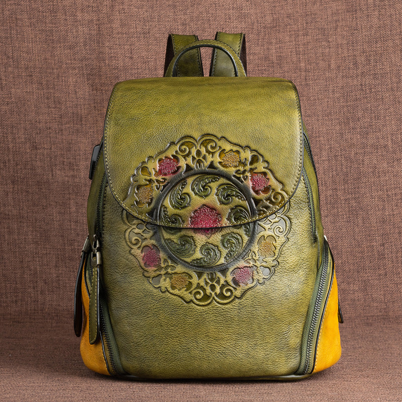 Chinese Style First Layer Cowhide Embossed Backpacks