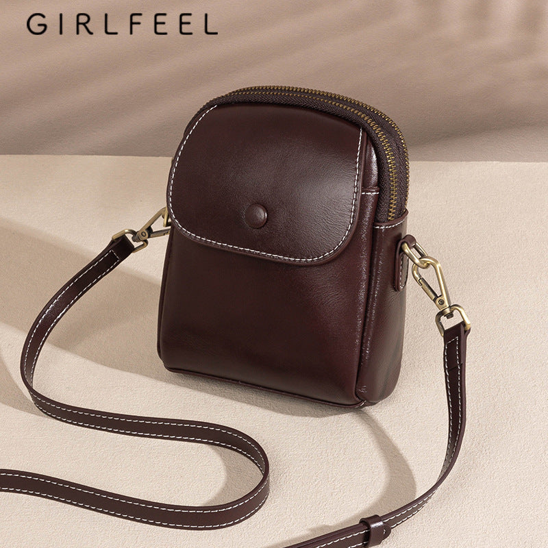 Female Fashion Vegetable Tanning Leather Mobile Bags