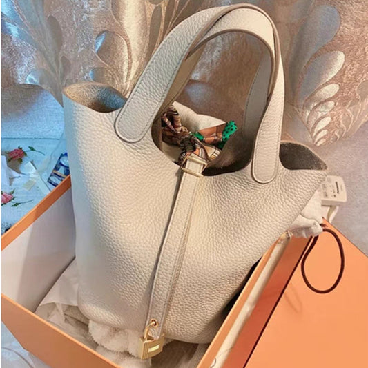 Litchi Grain Cowhide Vegetable Basket Fashion One Handbags