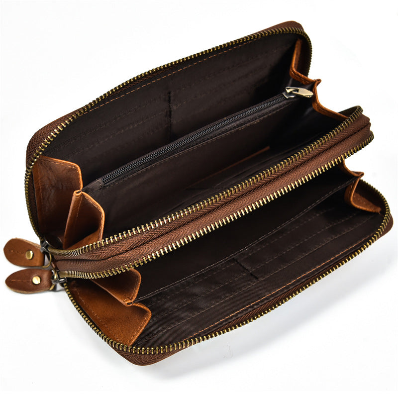Men's Long Brushed Double Zip Business Retro Genuine Men's Wallets
