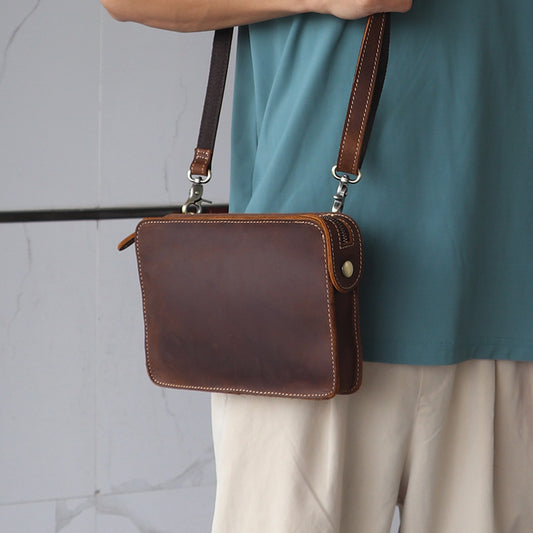 Men's Leather Horizontal Top Layer Cowhide Crazy Horse Craft Men's Handbags