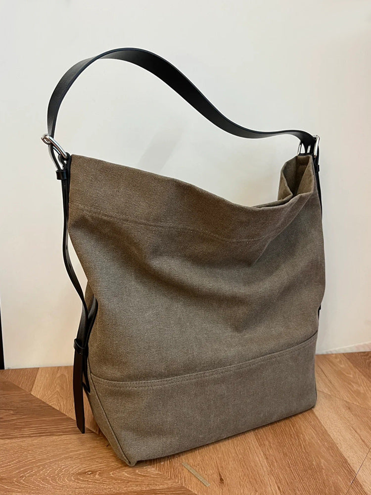 Women's Large Capacity Canvas Genuine Leather Two-tone Shoulder Bags