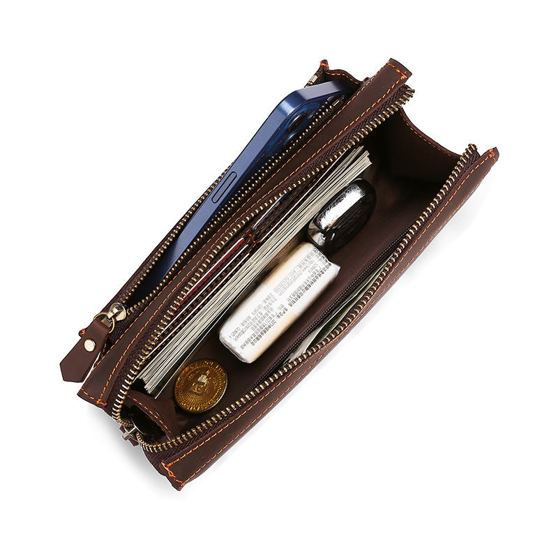Men's Long Zipper Leather Business Clutch Cowhide Bags