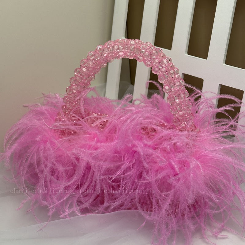 Women's Acrylic Color Ostrich Feather Beaded Birthday Handbags