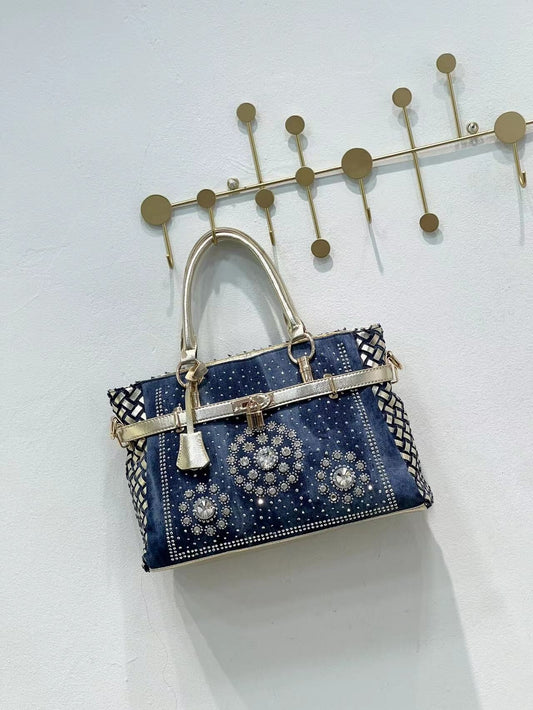Women's Jean Diamond Woven Rivet Portable Trendy Fashion Handbags