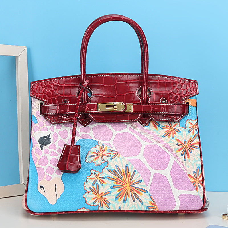 Women's Pattern Printing Fashion First Layer Cowhide Handbags