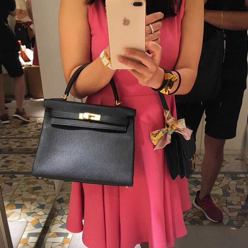 Women's Kelly Cow Leather Litchi Pattern Portable Shoulder Bags
