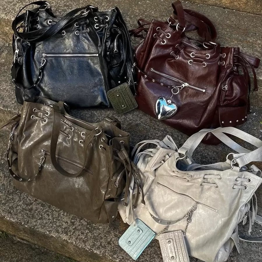 Large Capacity Totes Drawstring Pocket Studded Crossbody Bags