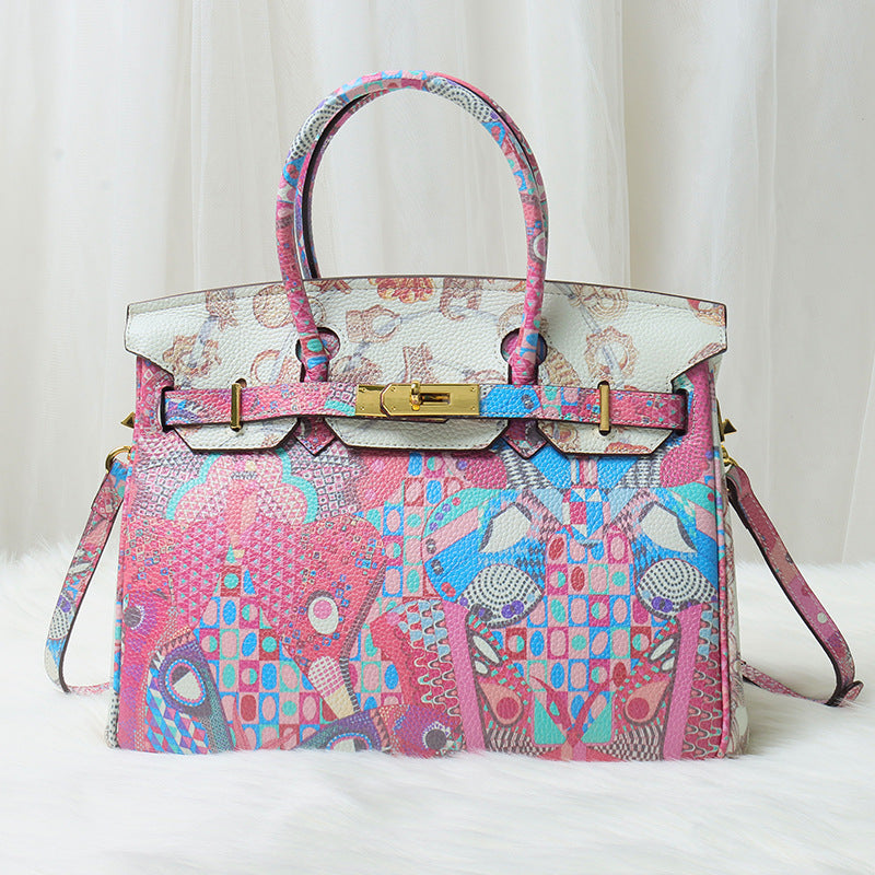 Women's Pattern Printing Fashion First Layer Cowhide Handbags