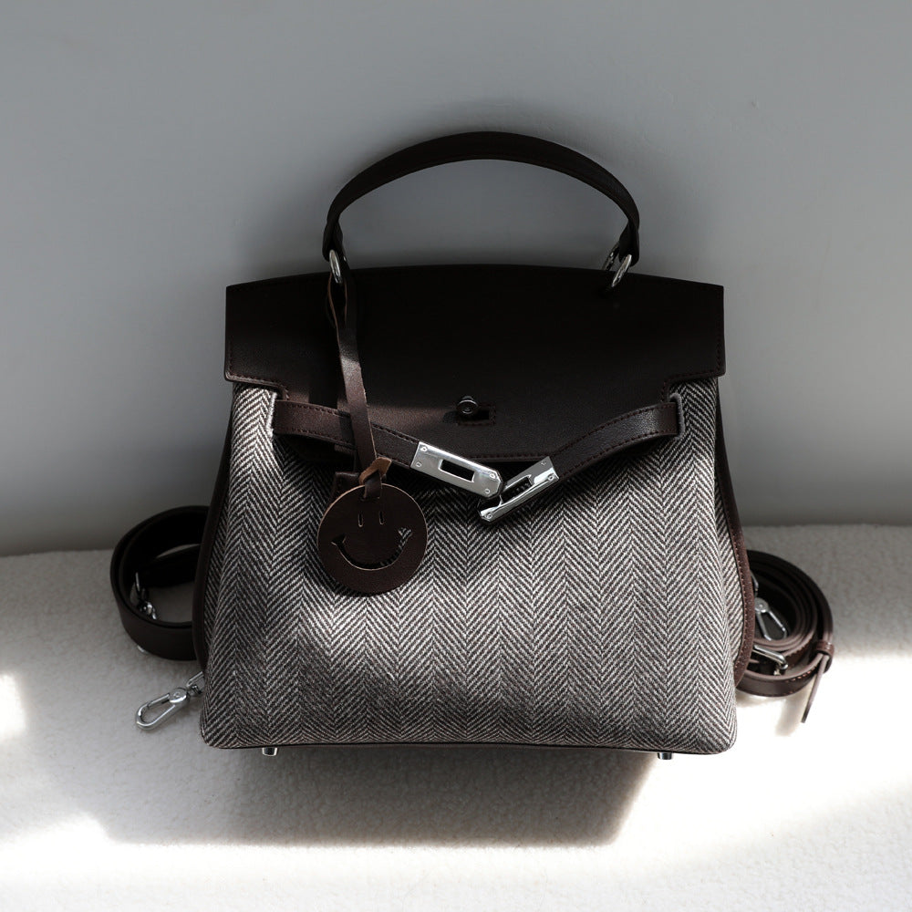 Women's High-grade Vintage Twill Canvas Stitched Cowhide Shoulder Bags