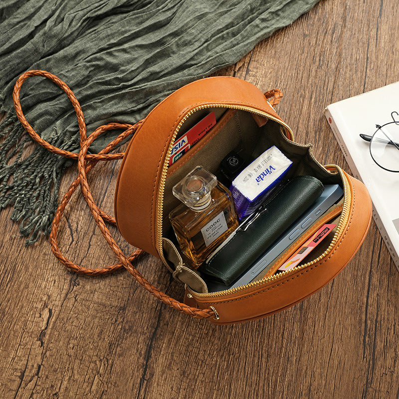 Landscape Dyed Vegetable Tanning Leather Round Pie Original Handmade Crossbody Bags