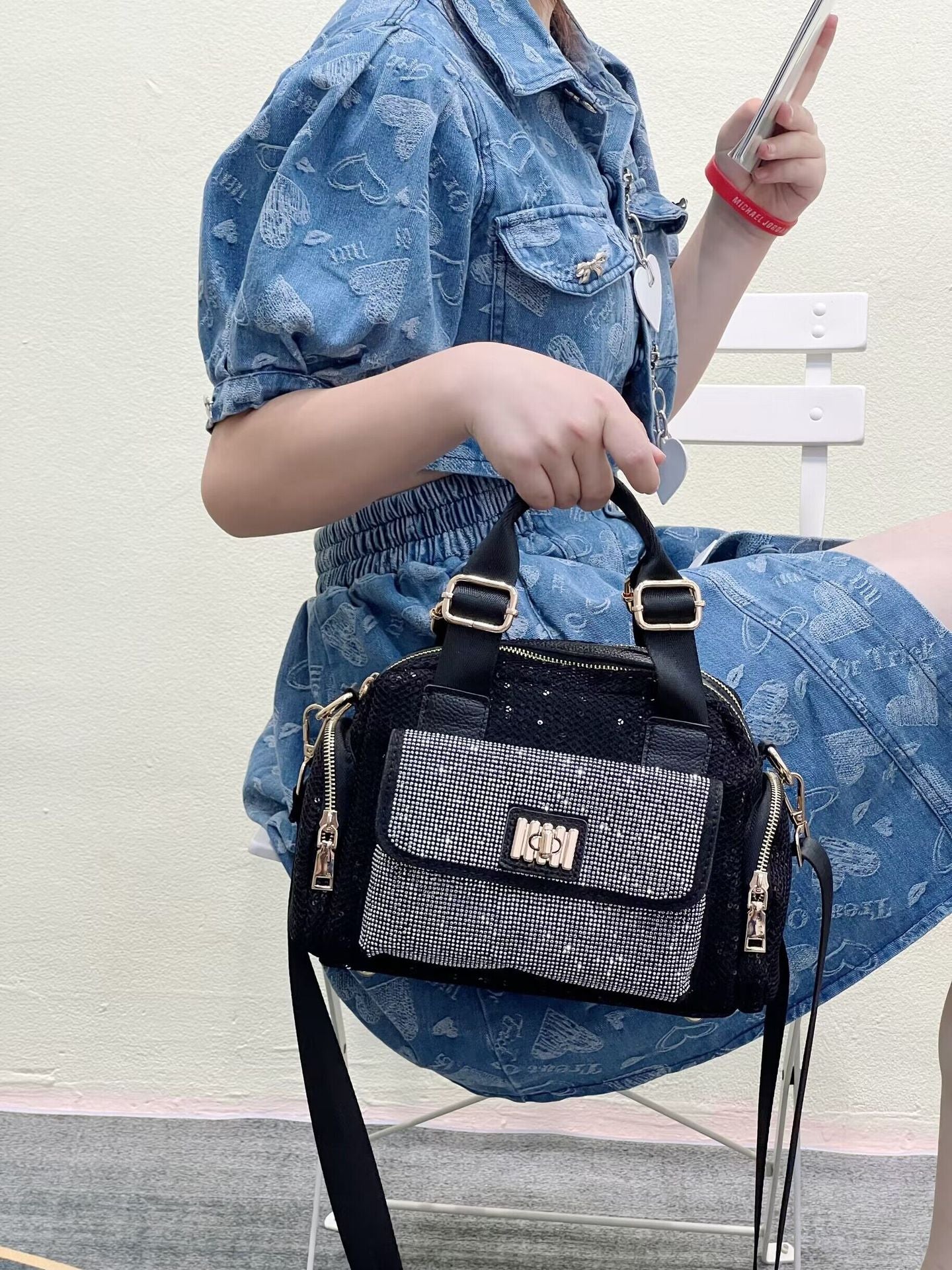 Women's Sequins With Cow Leather Multifunctional Versatile Handbags