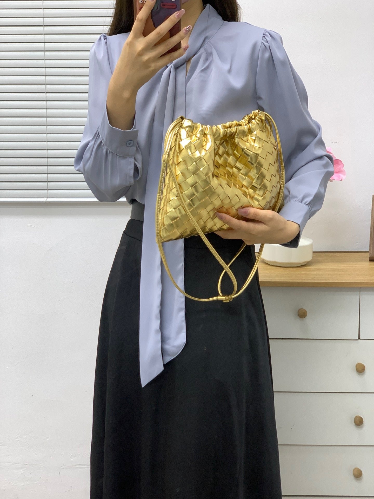 Women's Sheepskin Woven Garbage Clutch Drawstring Lucky Shoulder Bags