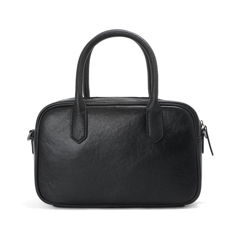 Women's Tanned Leather Cowhide Boston Bowling Retro Black Commuter Handbags