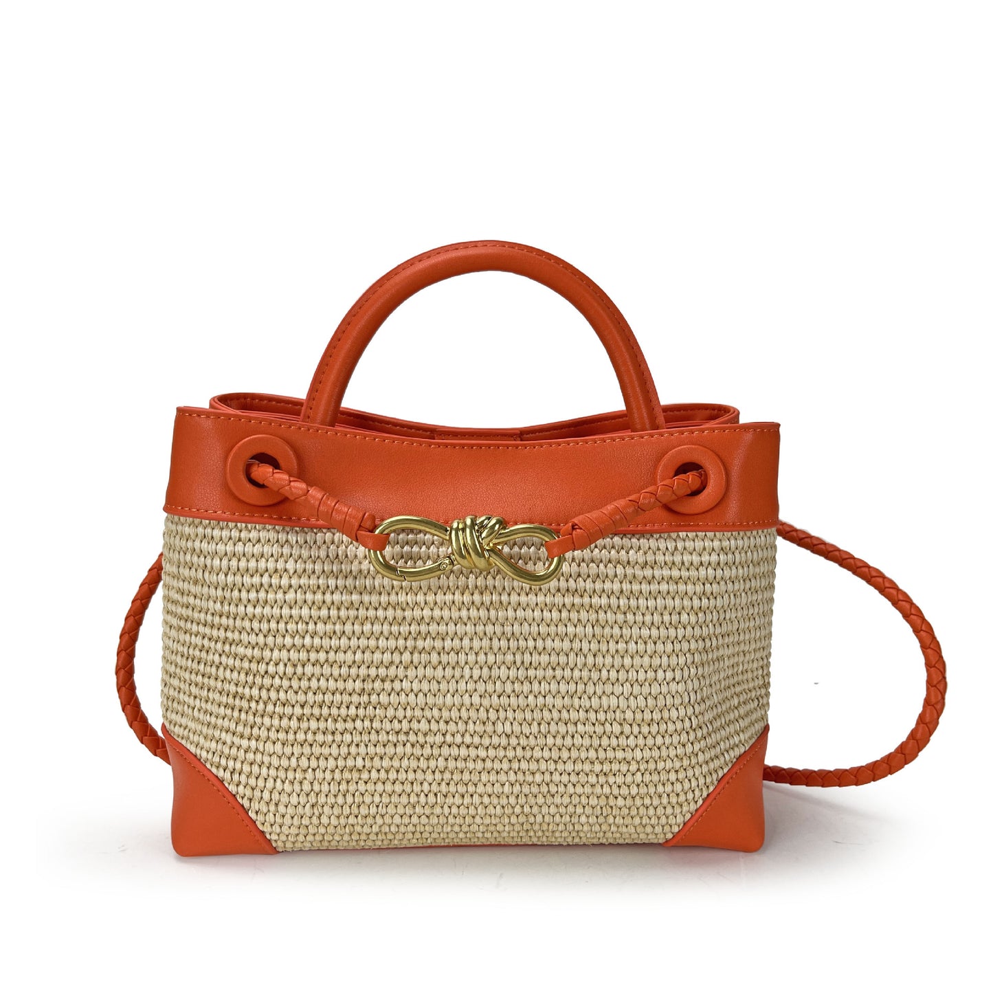 Metal Bow Leather Stitching Raffia Handmade Crossbody Bags