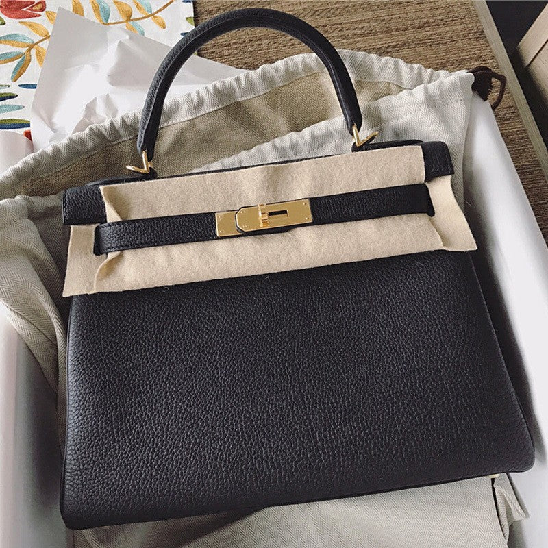 Women's Kelly Cow Leather Litchi Pattern Portable Shoulder Bags