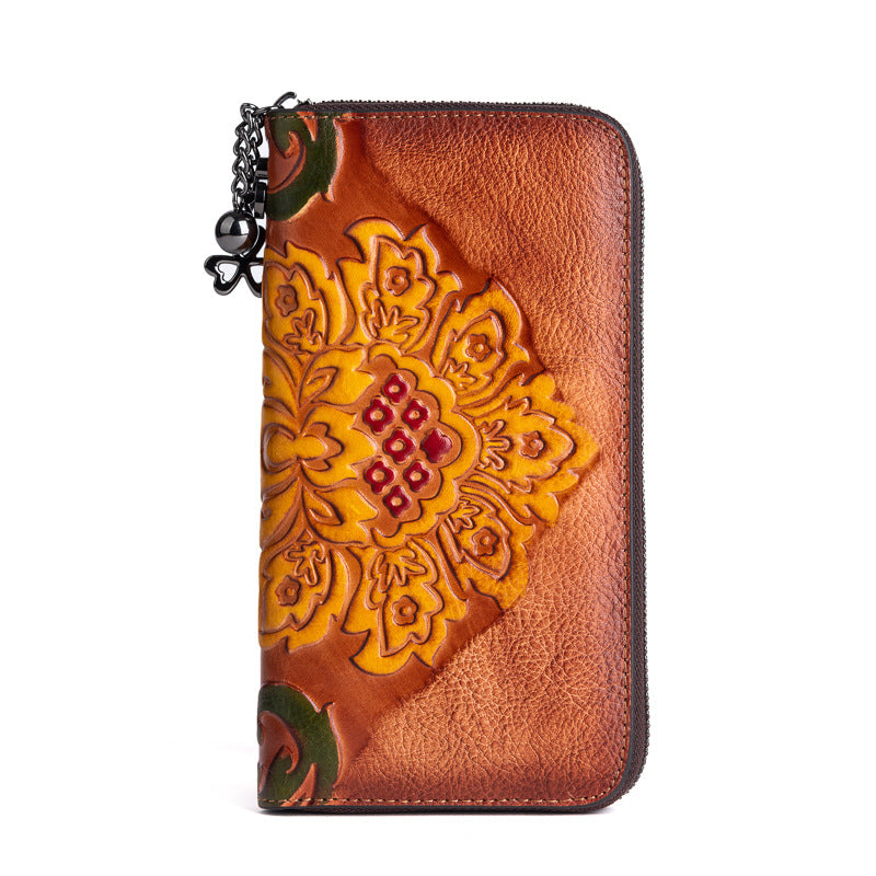 Women's First Layer Vegetable Tanning Leather Brushed Long Retro Ladies Wallets