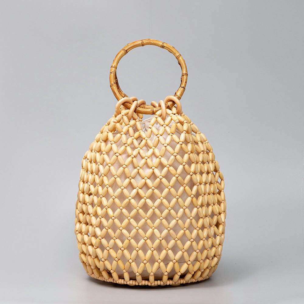 Women's Woven Hollow Design Advanced With Wooden Bags