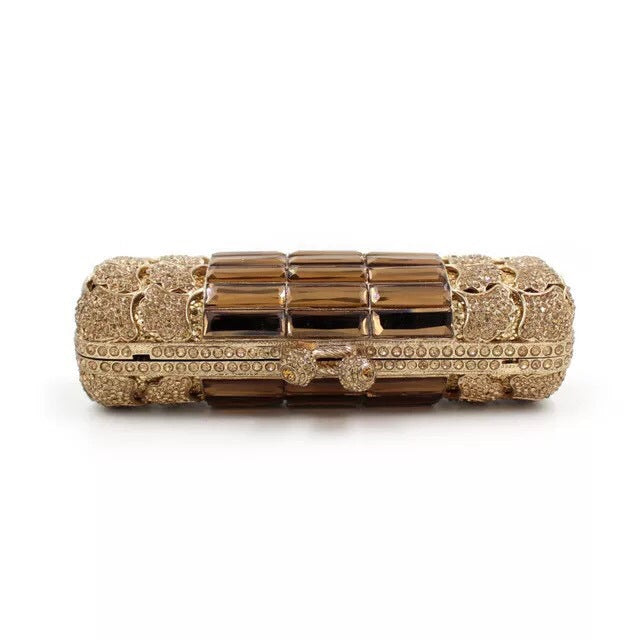 Metal Diamond Golden Apricot Brown Glass Diamonds Evening Bags