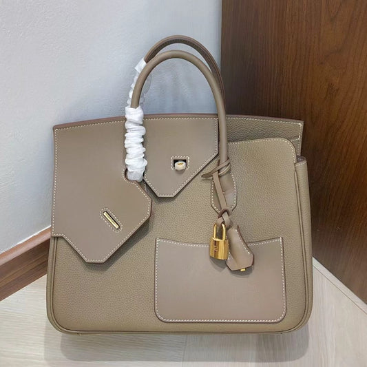 Women's Layer Cowhide Stitching Leather Large Capacity Handbags