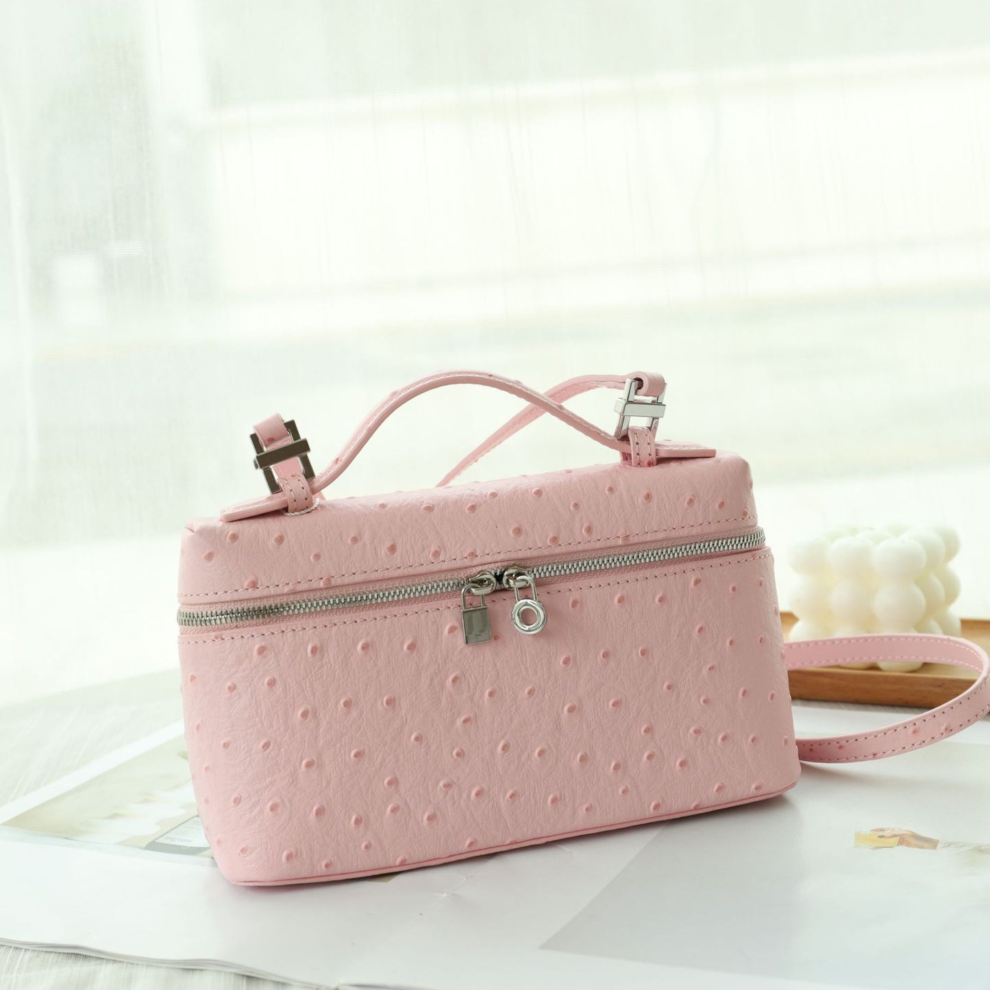 Women's First Layer Cowhide Ostrich Grain Lunch Box High-grade Crossbody Bags