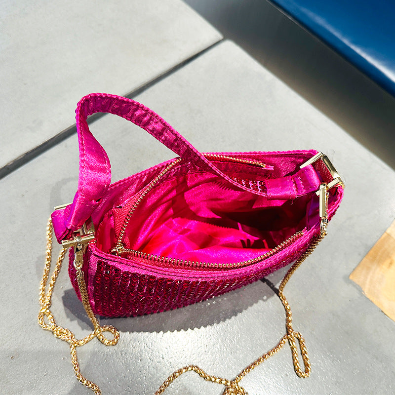 Women's Rose Red Rhinestone Mini Chain Dinner Evening Bags