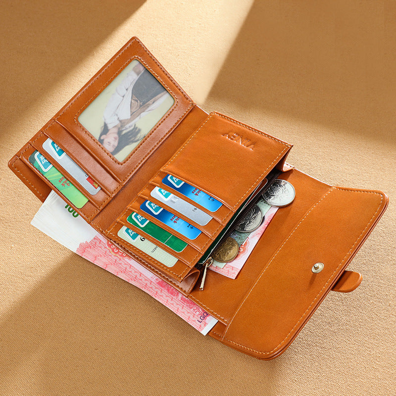 Women's Fold Vintage Oil Wax Genuine Leather Ladies Wallets