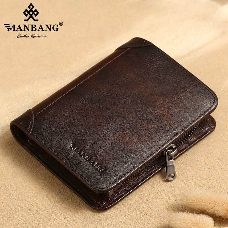 Men's Cowhide Pocket Zipper Multiple Slots Short Men's Wallets