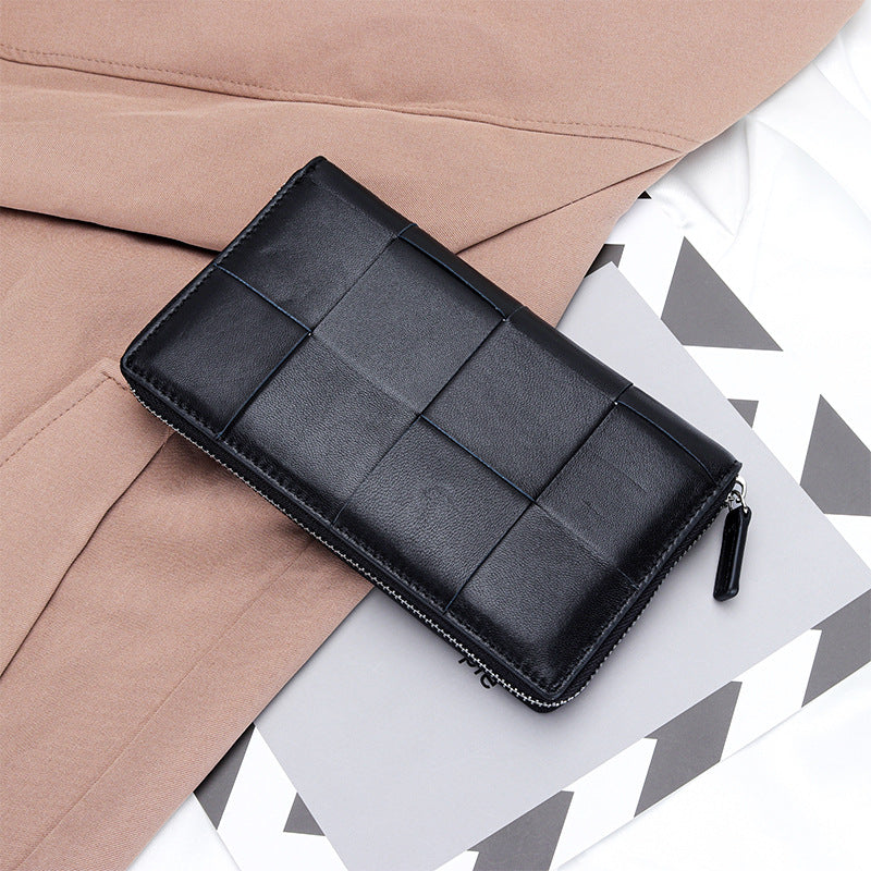 Sheepskin Large Woven Long Fashion Genuine Leather Zipper Ladies Wallets