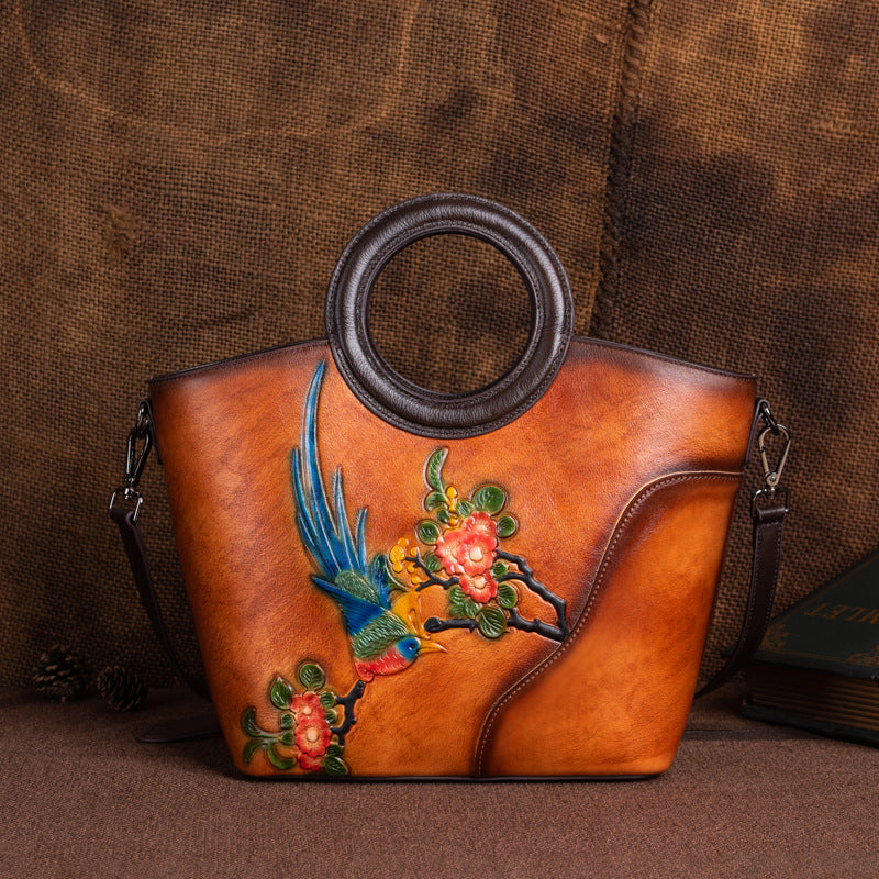 Women's Genuine Leather Vintage First Layer Cowhide Embossed Handbags