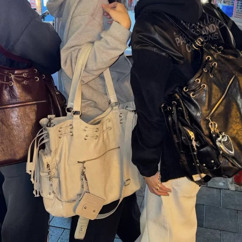 Large Capacity Totes Drawstring Pocket Studded Crossbody Bags