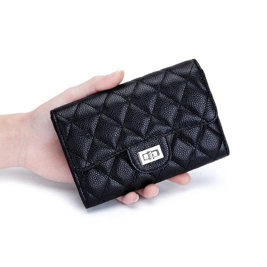 Women's Cowhide Caviar Pattern Short Three Folding Ladies Wallets