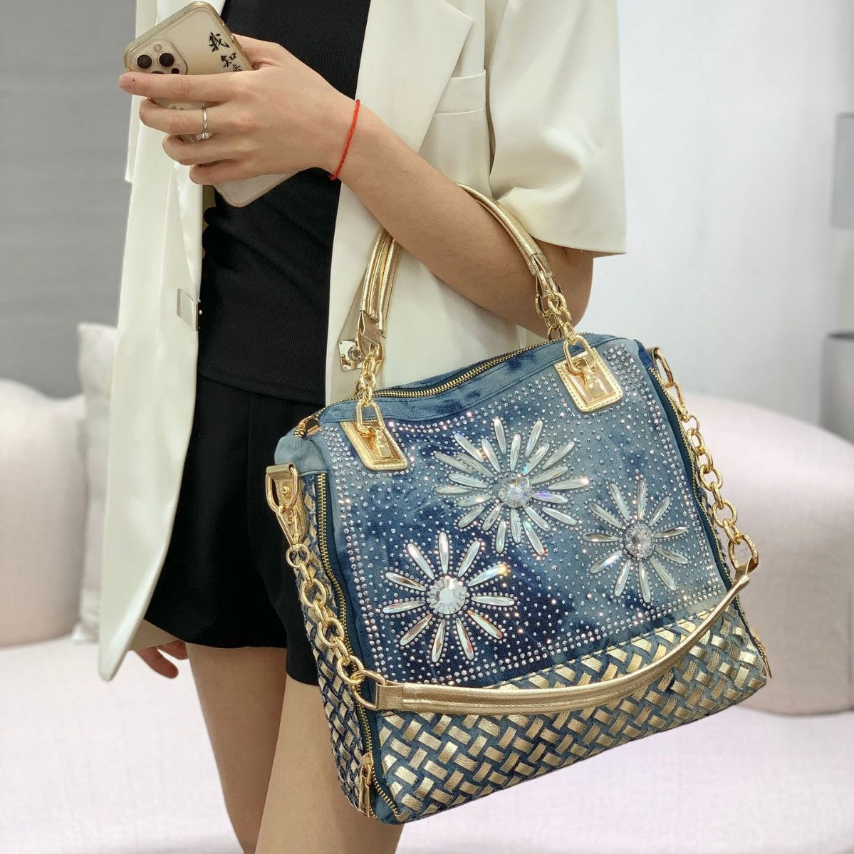 Women's Fashion Rhinestone Diamond Jean Woven Shoulder Bags
