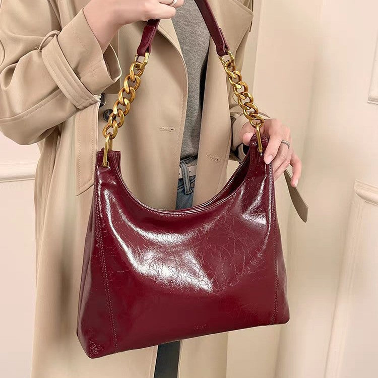 Women's Red High-grade Bright Leather Bridal Underarm Shoulder Bags
