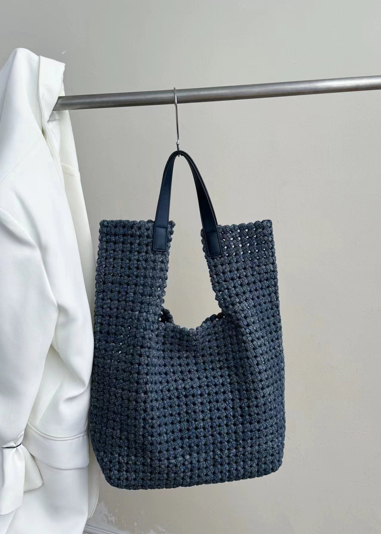 Large Capacity Denim Woven Commute Cowhide Shoulder Bags