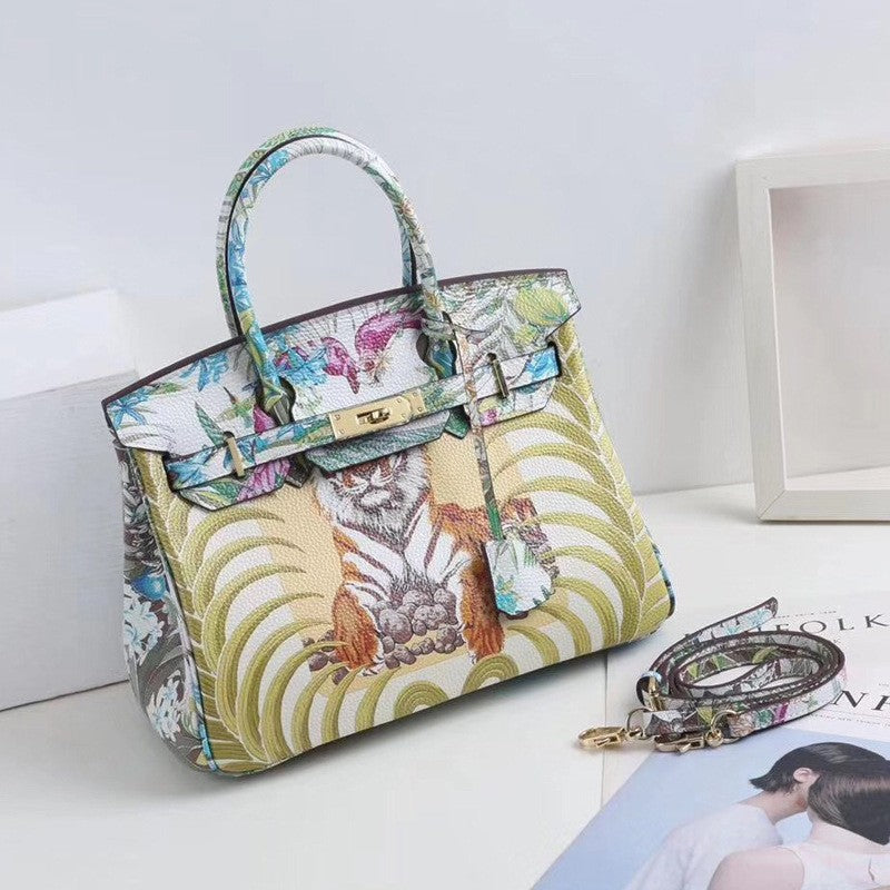 Women's Pattern Printing Fashion First Layer Cowhide Handbags