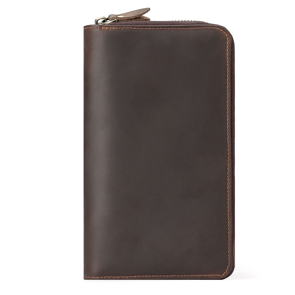 Men's First Layer Cowhide Vintage Zipper Multiple Slots Genuine Leather Men's Handbags