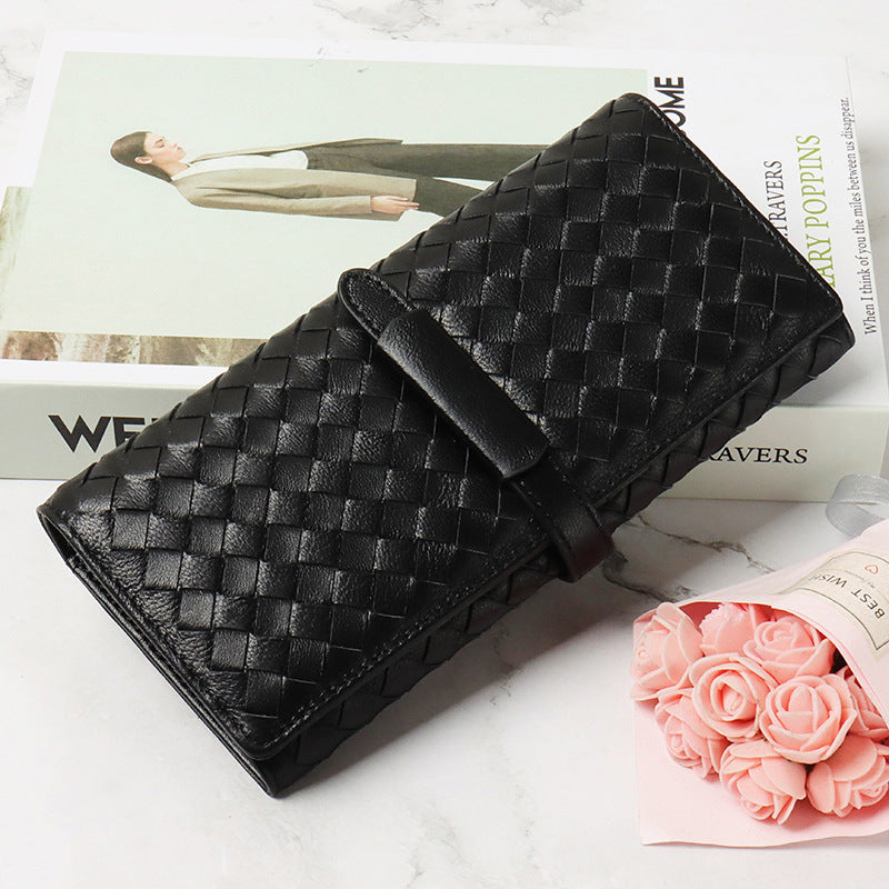 Women's Long Handmade Sheepskin Woven Fold Korean Ladies Wallets
