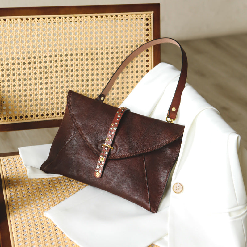 First Layer Cowhide Texture Rivet Niche Clutch Cover Bags