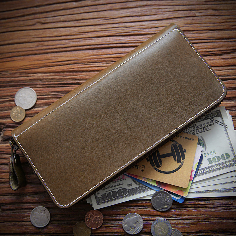 Women's & Men's Handmade Retro Long Genuine Leather Zipper First Layer Men's Wallets