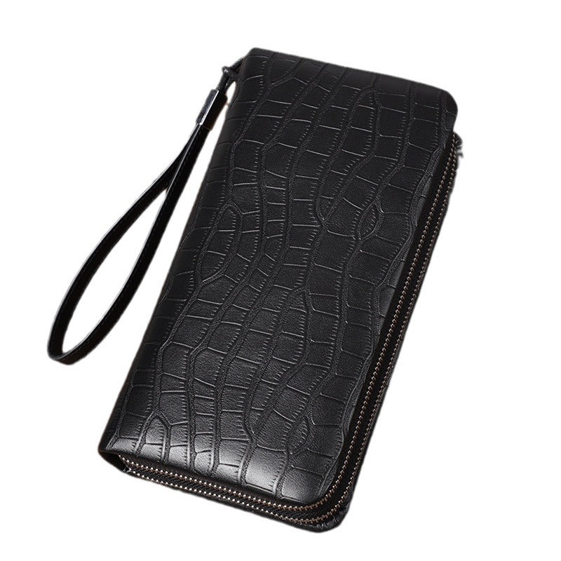 Men's Crocodile Pattern Man's Genuine Leather Double Zipper Long Multiple Men's Wallets