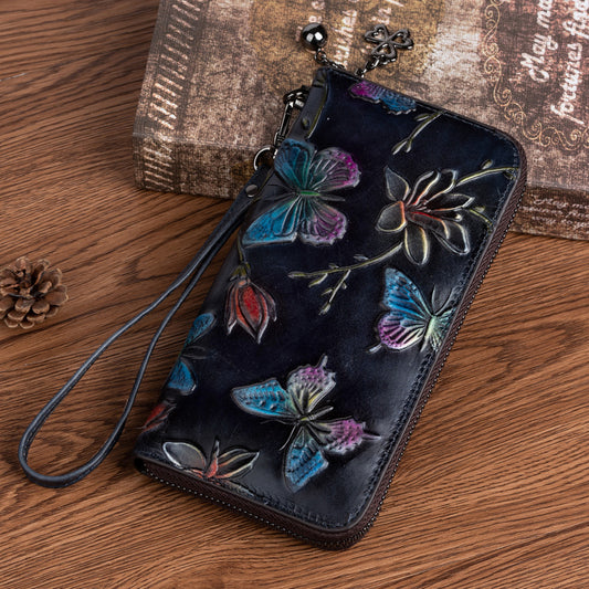 Women's First Layer Cowhide Chinese Style Embossing Ladies Wallets