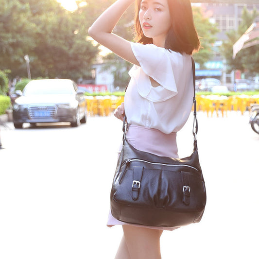 Women's Pleated Large Capacity Leather First Layer Handbags