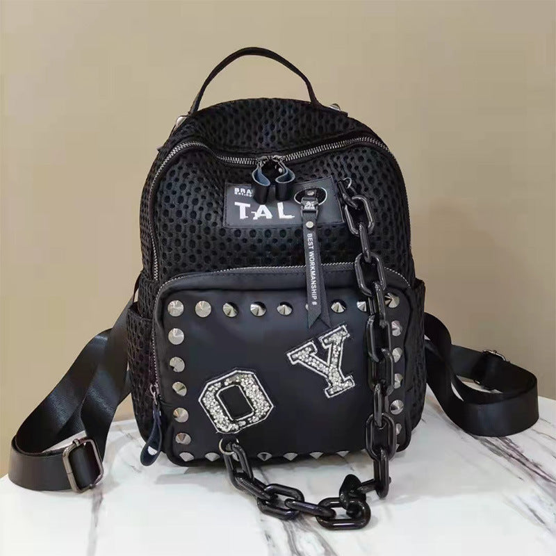 Women's Mesh With Leather Personality Rivets Rhinestone Thick Straps Backpacks