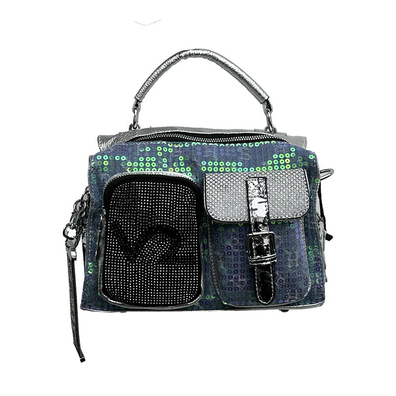 Women's Fashionable Rhinestone Contrast Color Crack Glossy Shoulder Bags