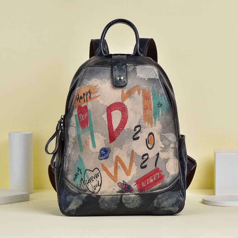 Women's Retro First Layer Cowhide Large Capacity Backpacks
