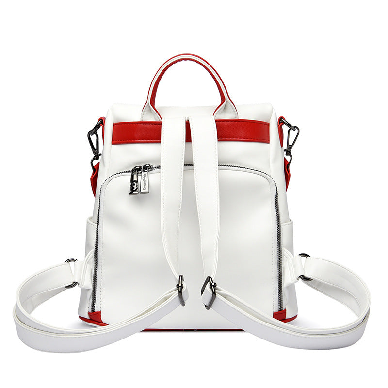 Women's Stitching Color Matching Genuine Leather Trendy Backpacks