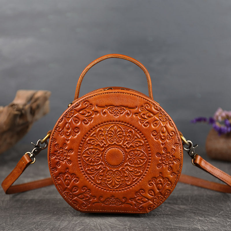 Women's Genuine Leather Retro Round Totem Hand Shoulder Bags