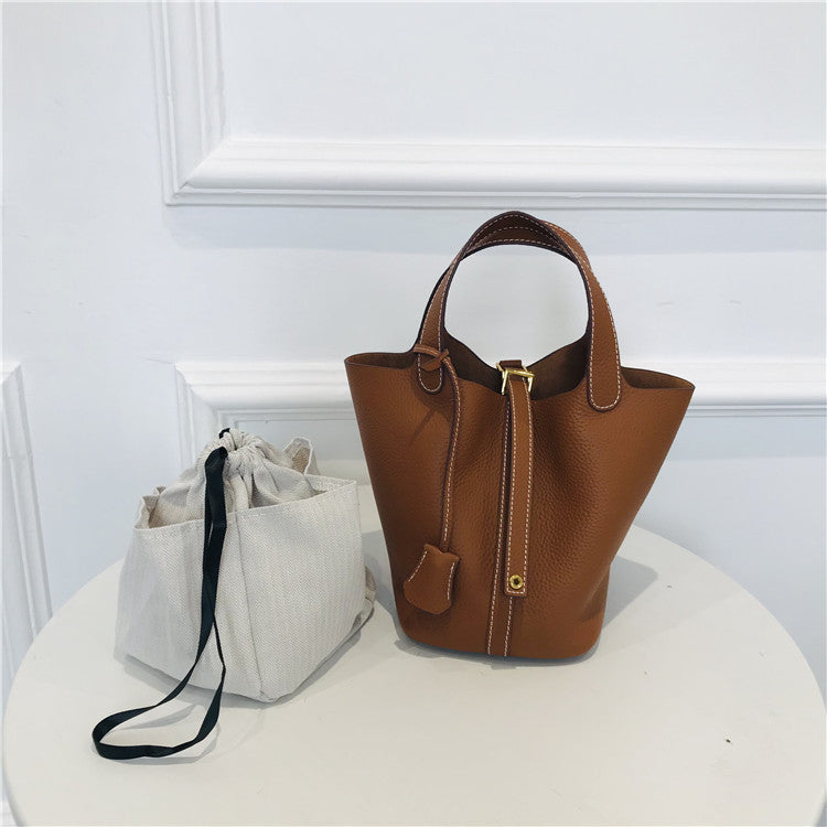 Vegetable Basket Layer Cowhide Lychee Pattern Handbags