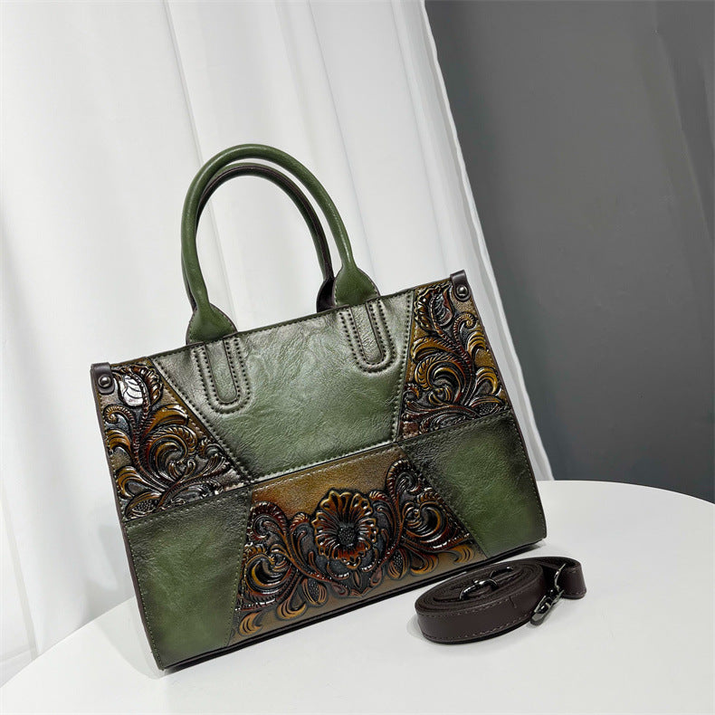 Women's Chinese Style Stitching Artistic Relief Painted Handbags